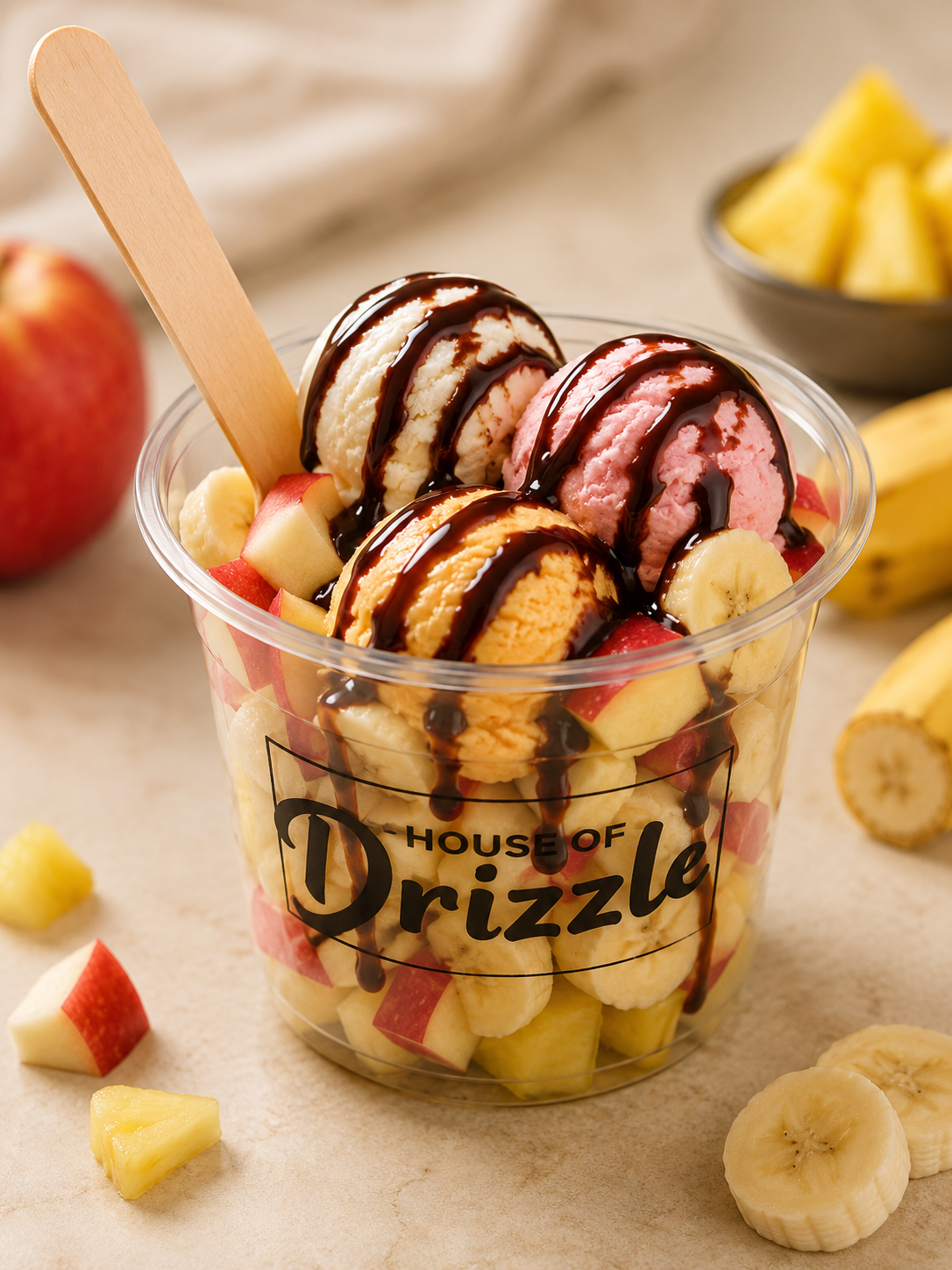 Fruit Drizzle Cup — three scoops of ice cream with fresh fruits and chocolate sauce
