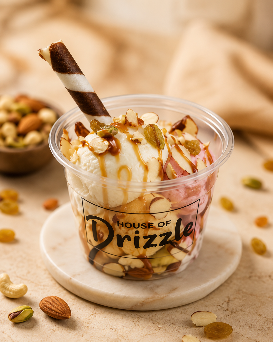 Royal Drizzle Cup — three scoops of ice cream with fresh fruit, dry fruits and caramel sauce